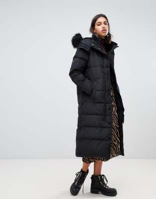 black faux fur trim hooded longline padded coat