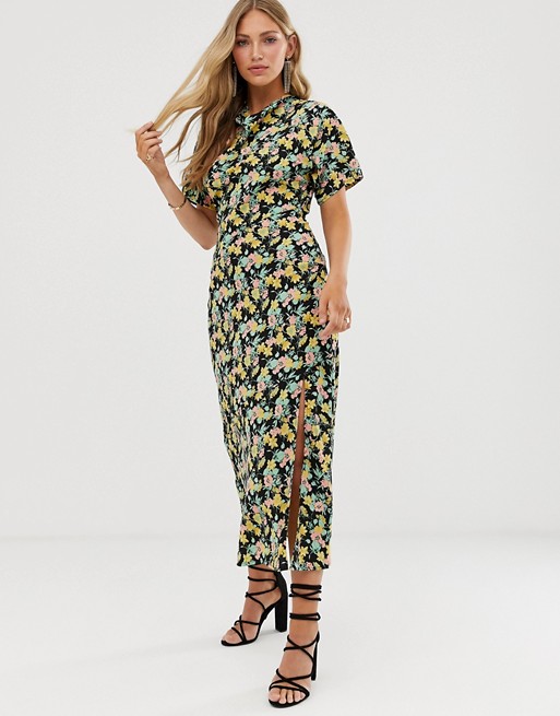 Warehouse maxi dress with cowl neck in floral print