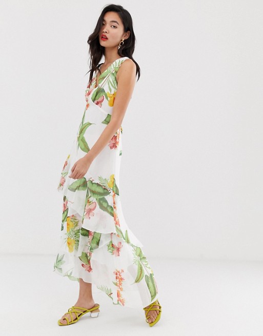Warehouse maxi dress with frill in tropical print