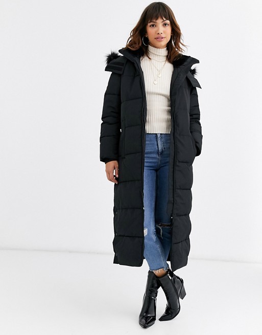 Warehouse maxi padded coat with faux fur hood in black