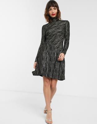 Warehouse metallic stripe dress with high neck in black