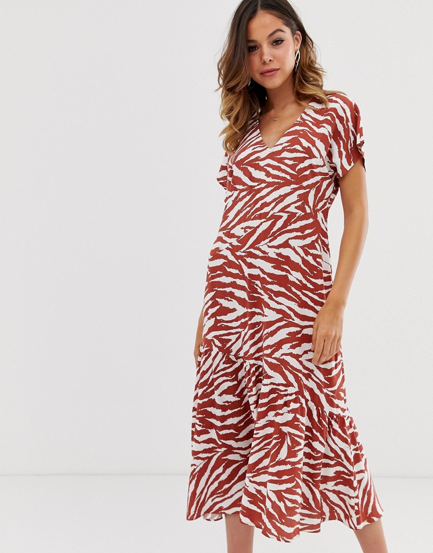 Warehouse midi dress in zebra print-Tan