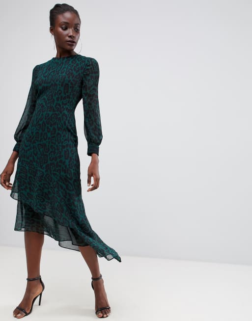 Warehouse green leopard sales asymmetric dress