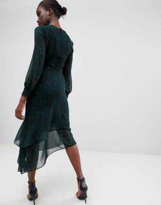 warehouse green leopard asymmetric dress