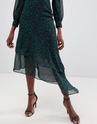 warehouse green leopard asymmetric dress