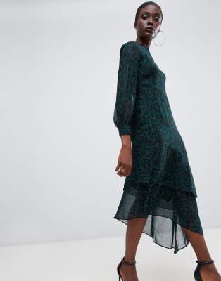 warehouse green leopard asymmetric dress