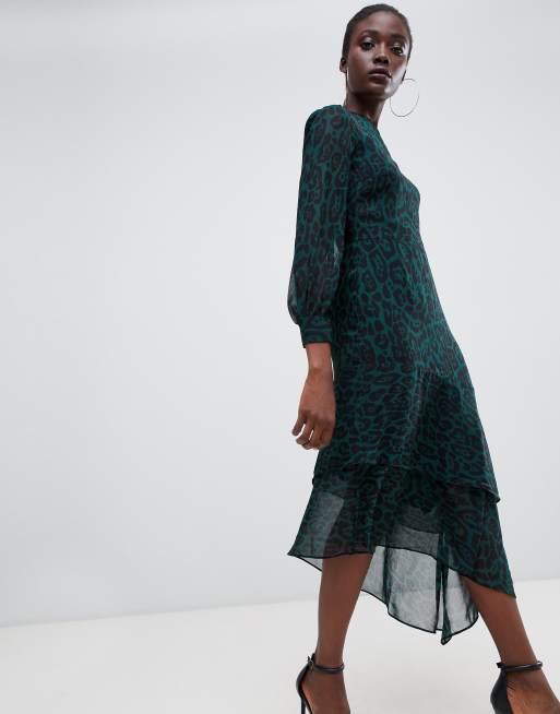 Warehouse green leopard sales asymmetric dress