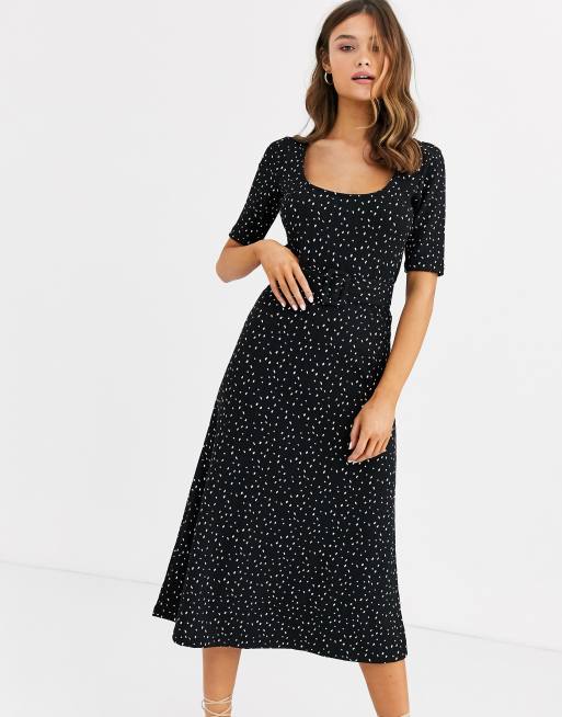 Warehouse midi dress with belt in polka dot