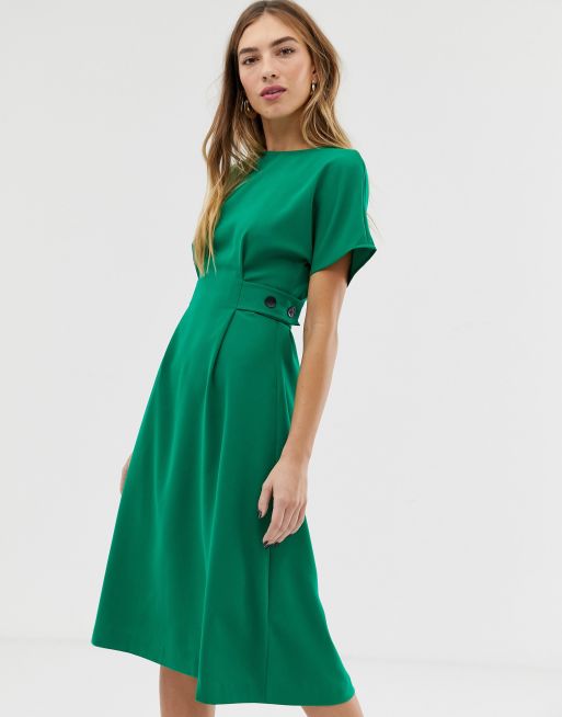 Warehouse midi dress with button detail in green