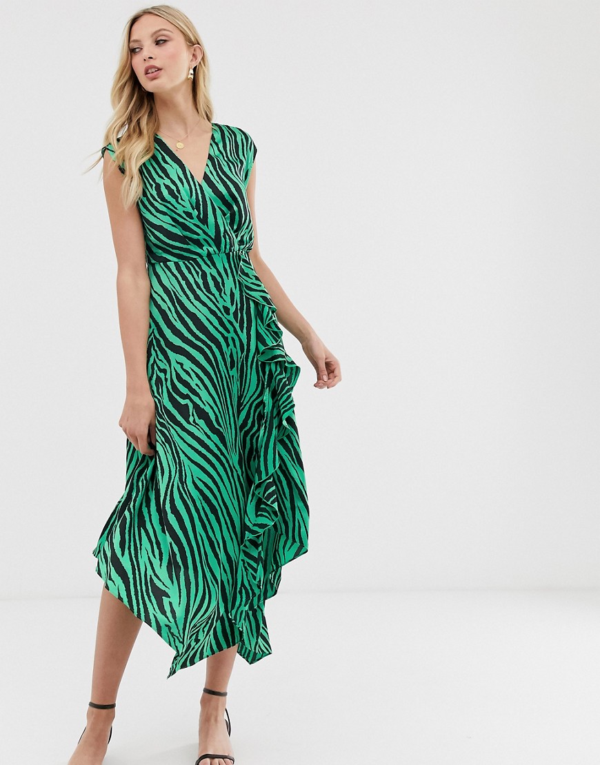 Warehouse midi dress with cowl back in zebra print-Green