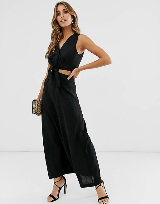 Warehouse midi dress with cutout in black linen | ASOS