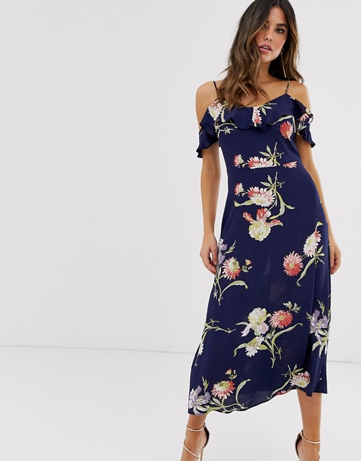 Warehouse midi dress with draped sleeves in blue floral