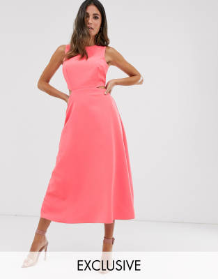 warehouse tie back midi dress coral