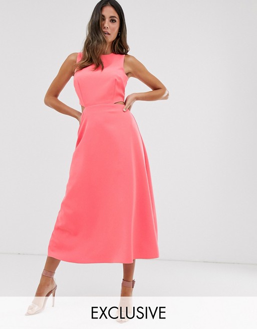 Warehouse midi dress with open back in pink
