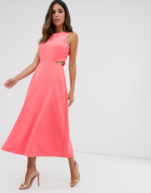 Warehouse midi dress with tie back in clearance coral