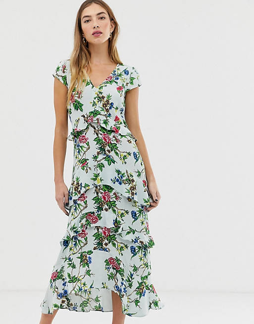 Warehouse midi dress with ruffles in floral print