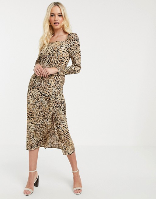 Warehouse midi dress with square neck in animal print