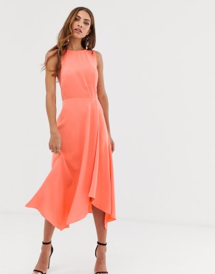 warehouse midi dress with tie back in coral