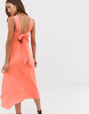 warehouse midi dress with tie back in coral