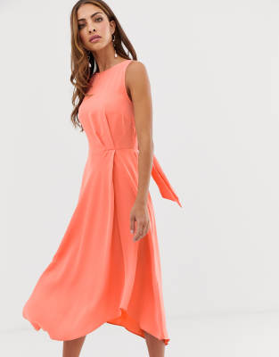 warehouse midi dress with tie back in coral