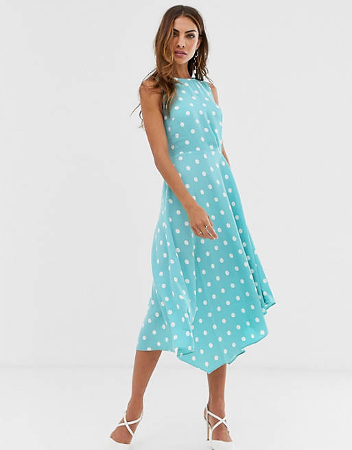 Warehouse midi dress with tie back in polka dot | ASOS