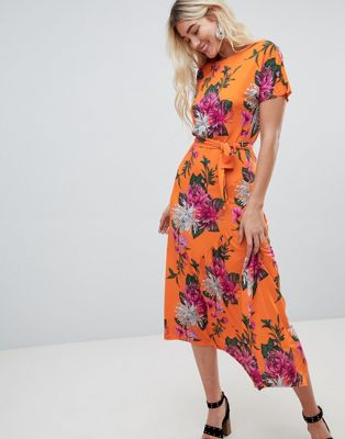 Warehouse midi dress with tie in floral print | ASOS