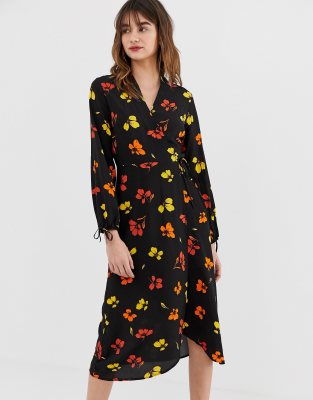 warehouse verity floral midi wrap dress