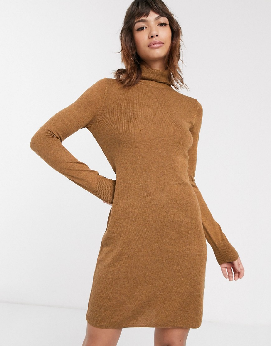 Warehouse mini dress with roll neck in tan-Brown