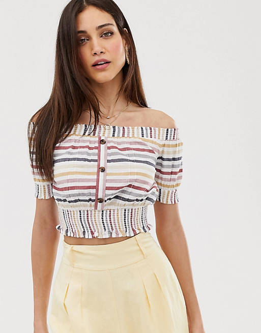 Warehouse off the shoulder top with button detail in stripe | ASOS
