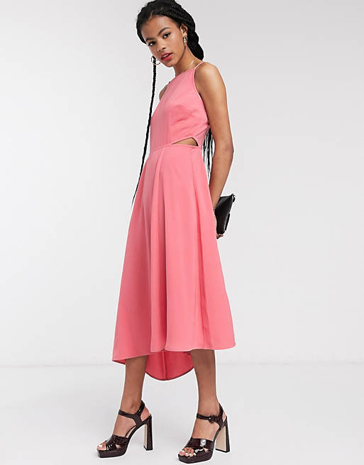 Warehouse open back cut out midi dress in pink