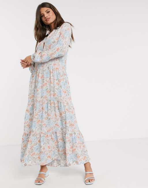 Warehouse ornate floral print midi dress in blue | ASOS