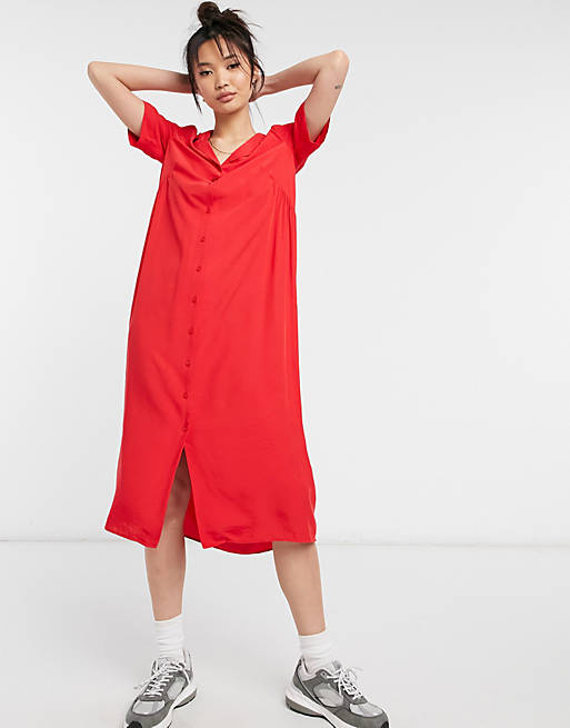 Warehouse oversized midi shirt dress in red | ASOS