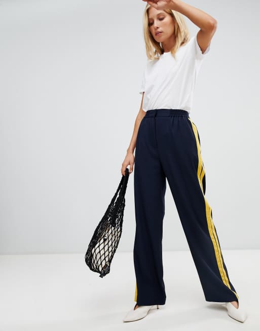 Warehouse - Pantaloni blu navy a fondo ampio con riga laterale