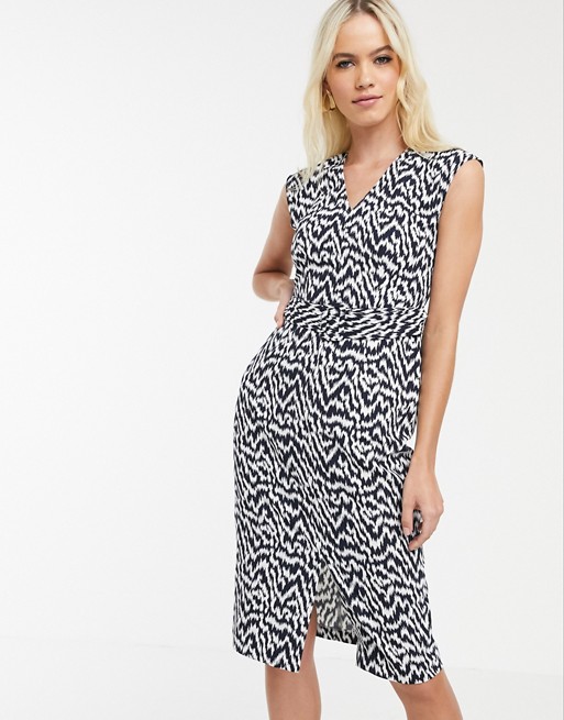 Warehouse pencil dress with v neck in navy print