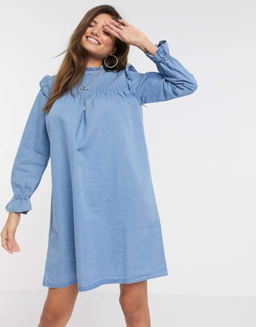 Warehouse pintuck shift dress in denim blue | ASOS