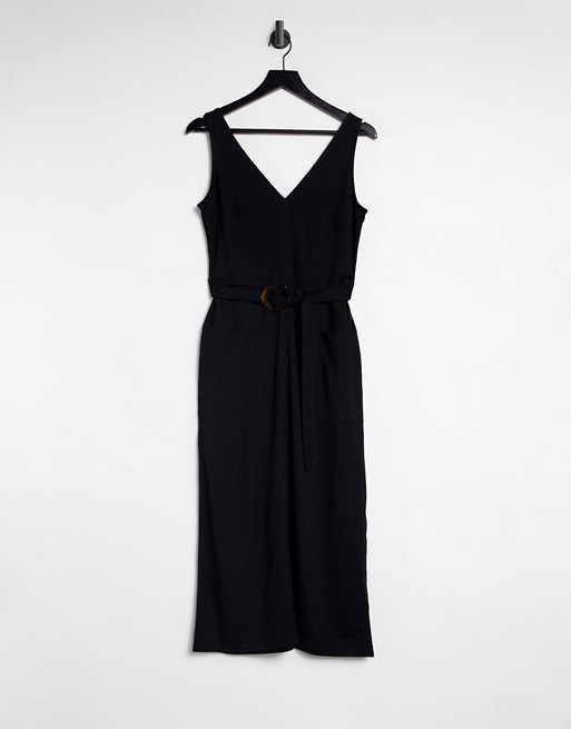Warehouse pique buckle midi dress in black