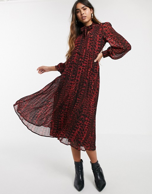 Warehouse pleated midi dress with pussybow tie in red print