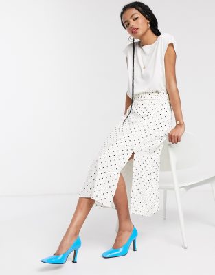 white polka dot midi skirt