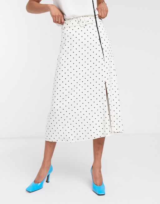 Warehouse polka dot belted midi skirt in white