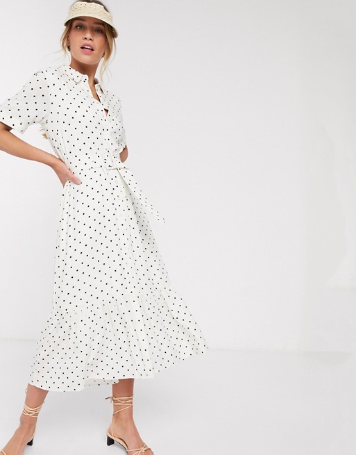Warehouse polka dot midi shirt dress in white