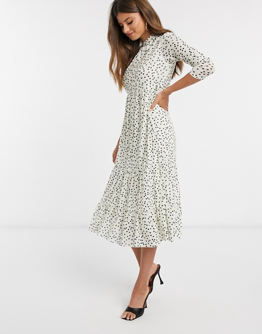 Warehouse polka dot tiered midi dress in white