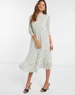 polka dot tiered midi dress