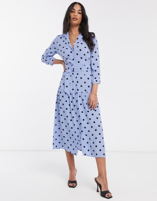 Warehouse polka dot tiered shirt dress in blue