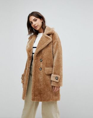 Warehouse Premium Double Ted, Warehouse Camel Long Faux Fur Teddy Coat