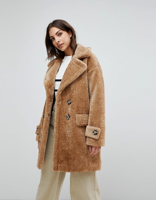 Warehouse | Warehouse Premium Double Breasted Oversized Teddy Fur Coat