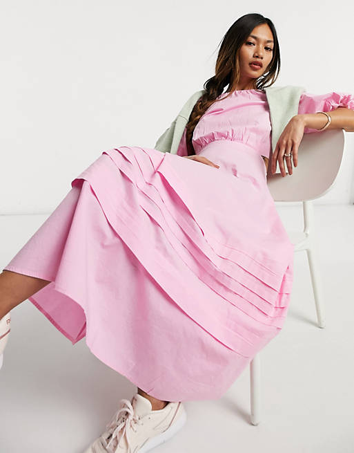 Warehouse puff sleeve maxi dress in pink | ASOS