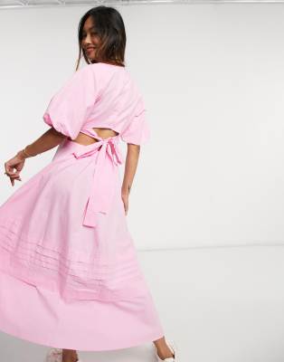 long pink dress with puff sleeves