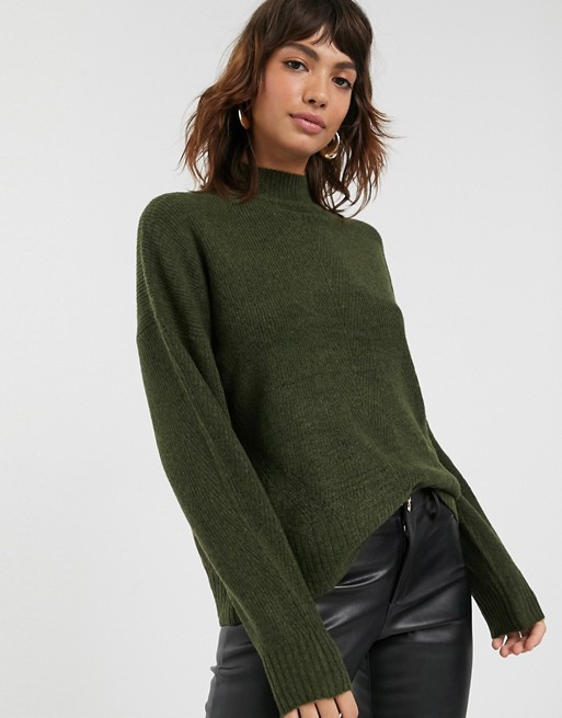 Warehouse rib jumper with funnel neck in khaki