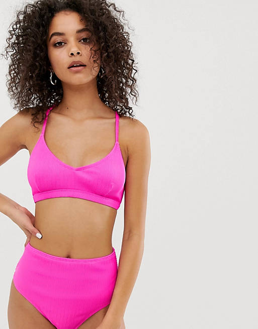 Warehouse ribbed bikini top with cross back in bright pink