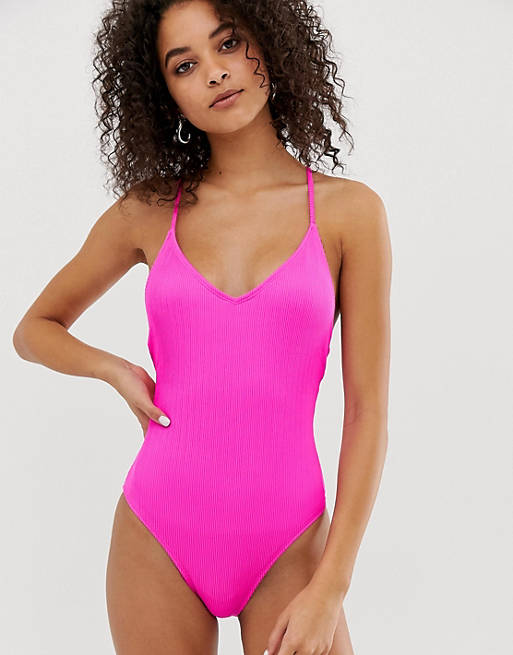 Warehouse ribbed swimsuit with cross back in bright pink